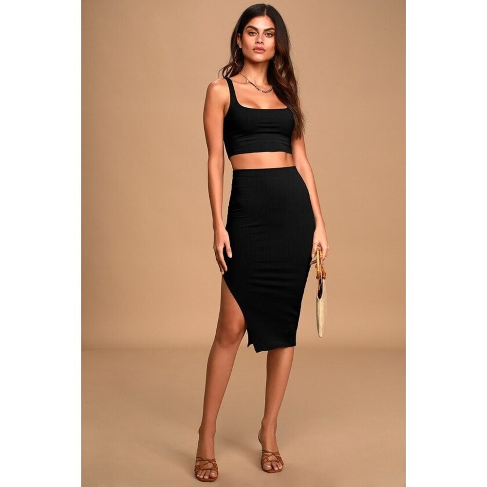 Lulus Set For Life Black Ribbed Bodycon Two-piece Midi Dress - Size M